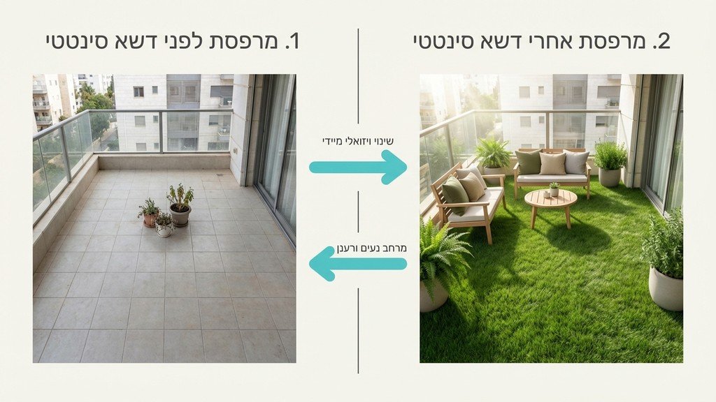 נוצר על ידי מודל בינה מלאכותית Gemini Pro מרפסת שמש מעוצבת עם דשא סינטטי ירוק ורענן, ריהוט גן מודרני ואווירה ביתית