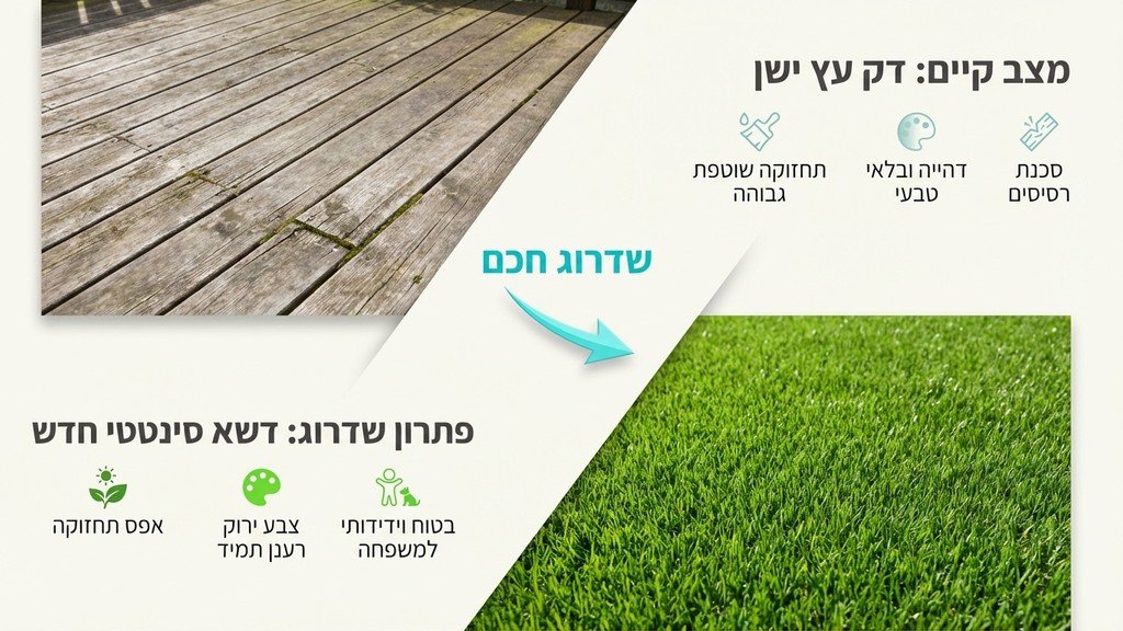 המחשה של דשא סינטטי מותקן על גבי דק עץ ישן