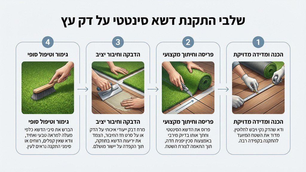 תהליך חיתוך והתאמה של דשא סינטטי על משטח עץ